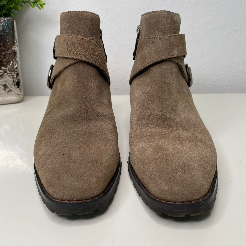 Blondo Shanna Waterproof Suede Ankle Boots Taupe Brown Moto Booties Zip Size 8 - Picture 4 of 12